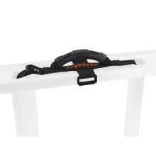 The silhouette view shows the ergonomic center handle securely attached through hollow rungs with the strap system.