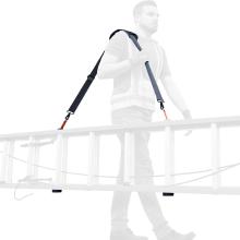 A simplified silhouette image demonstrates the installed shoulder strap system in use, clearly showing the anchored connection points.