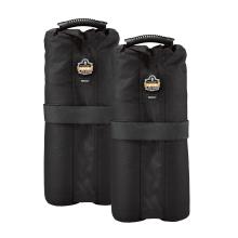 Two black fabric bags with ribbed plastic handles and wide straps, shown side-by-side on a white background.