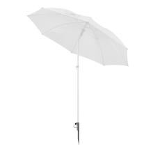 White outdoor umbrella with exposed ribs, adjustable metal pole and pointed ground stake