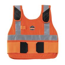 Orange high-visibility vest front with silver reflective stripes, black shoulder reinforcements, Velcro straps and two pen loops