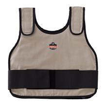 Beige vest with black trim, two padded shoulder straps, small circular logo patch at chest, and wide black hook-and-loop waist belt