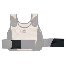 Beige and gray vest with padded shoulder straps, stitched panels, small front loop pocket, and wide black adjustable waist straps with Velcro.
