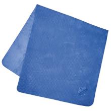 Blue rectangular textured mat with rounded corners, one corner folded to reveal smooth underside and a small embossed logo near a corner.