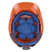 Under view of helmet with cooling pads on the headband, top and ratchet parts of the suspension.