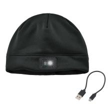 Front of black rechargeable led winter skull cap with cord