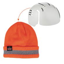 Orange reflective rib knit winter bump cap hat showing an arrow indicating the bump cap insert is to go inside the winter hat