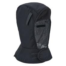 Black insulated hood with patterned silver-gray interior lining, fleece trim around face opening, and Velcro strap on lower flap.