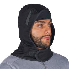 Close-up of a man's face and eyes wearing a black hood with padded neck flap and Velcro tab over a gray top