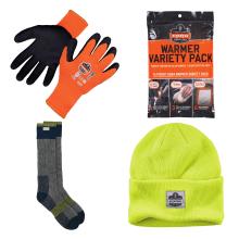Gloves, freezer socks, warmer variety pack, and rib knit beanie all make up the winter warming kit