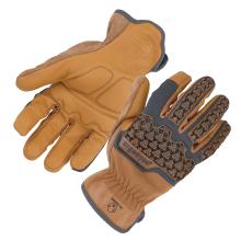Tan leather work gloves with gray fabric panels, suede patches and rubberized honeycomb-pattern finger padding, visible stitched seams.
