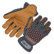 Work gloves with tan leather palm and dark fabric back featuring orange hex-patterned rubber padding on fingers and knuckles