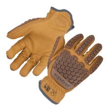 Tan leather work gloves with molded brown rubber patterned pads on fingers and palm, and gray trim at the cuffs.
