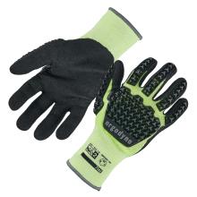 Two lime-green knit gloves with black textured palms, elastic cuffs, and raised black rubber grip patterns on the back and fingers