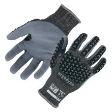 Two gray gloves, one palm-side coated and the other back-side showing black textured rubber grip patterns and knit wrist cuffs.