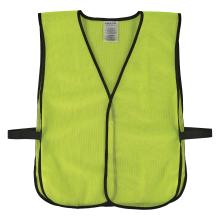Neon yellow-green mesh safety vest front with black trim, V-neck and black side straps