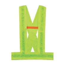 Neon yellow-green safety vest front with reflective vertical trim and a single orange horizontal band, laid flat on white