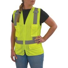 3q view of lime class 2 women's hi-vis vest on model