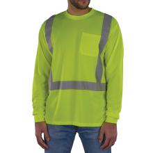 This long sleeve hi-vis shirt includes an exterior chest pocket and 2" reflective tape for added visibility. The design ensures comfort and compliance with visibility standards.