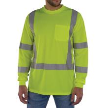This long sleeve high-visibility t-shirt includes an exterior chest pocket and features horizontal and vertical reflective bands across the chest, back, and sleeves for optimal visibility.