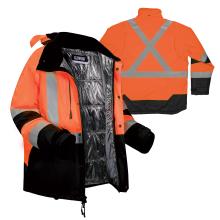 Orange and black high-visibility safety jacket with reflective X on back and silver insulated interior, black cuffs and hem.