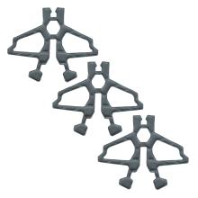 Three gray fabric-covered foam padding pieces with geometric cutouts arranged diagonally on a white background