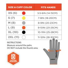 Size chart instructions: measure around the palm. DO NOT include the thumb area. Size & cuff color S(7) fits hands 7-8in(18-20cm). M(8) fits hand 8-9in(20-23cm). L(9) fits hands 9-10in(23-25cm). XL(10) fits hands 10-11in(25-28cm). 2XL(11) fits hands 11-12in(28-30cm). Machine washable.