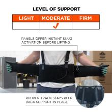 Moderate level of support: panels offer instant snug activation before lifting. Rubber track stays keep back support in place
