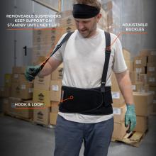 Removeable suspenders keep support on standby until next lift, adjustable buckles, hook and loop