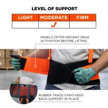 Moderate level of support: panels offer instant snug activation before lifting. Rubber track stays keep back support in place
