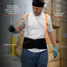 Removeable suspenders keep support on standby until next lift, adjustable buckles, hook and loop