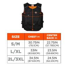 Size chart for lightweight cooling vest. Small/Medium (S/M): Chest 30.75IN (78.1CM) Center Back 22.75IN (57.785CM). Large/Extra Large (L/XL): Chest 33IN (83.82CM) Center Back 23.5IN (59.69CM). 2X Large/3X Large (2XL/3XL): Chest 34.5IN (87.63CM) Center Back 24.5IN (62.23CM) .