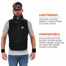 Image of man in vest. Lightweight: 30-60% lighter weight than other cooling vests. Comfortable: Polyester cotton blend can be worn over a base layer on its own or under other clothing. 
