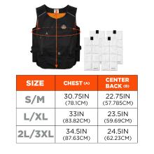 Size chart for 6260 vest. Small/Medium (S/M): Chest 30.75IN (78.1CM) Center Back 22.75IN (57.785CM). Large/Extra Large (L/XL): Chest 33IN (83.82CM) Center Back 23.5IN (59.69CM). 2X Large/3X Large (2XL/3XL): Chest 34.5IN (87.63CM) Center Back 24.5IN (62.23CM).