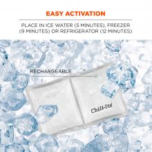 Easy activation. Place in ice water 5 minutes, freezer 9 minutes or refrigerator 12 minutes. Rechargeable