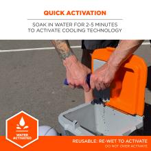 Quick activation. Soak in water for 2 to 5 minutes to activate cooling technology. Water-activated badge. Reusable. Re-wet to activate. Do not over activate.