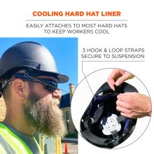 Cooling hard hat liner easily attaches to most hard hats to keepers workers cool. 3 hook and loop straps secure to suspension.