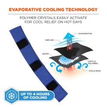 Evaporative cooling technology. Polymer crystals easily activate for cool relief on hot days. Up to 4 hours of cooling. Tech illustration: airflow, water, acrylic polymers, cools body, evaporation.