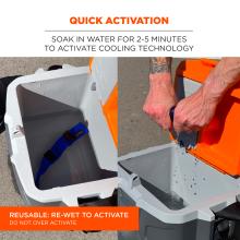Quick activation. Soak in water for 2 to 5 minutes to activate cooling technology. Reusable. Re-wet to activate. Do not over activate.