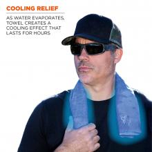 Cooling relief: as water evaporates, towel creates a cooling effect that last for hours. Image shows man wearing towel around neck with cooling effect.