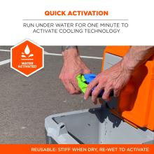 Quick activation. Run under water for one minute to activate cooling technology. Water activated badge. Reusable. Stiff when dry, re-wet to activate.