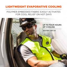 Lightweight evaporative cooling: polymer-embedded fabric easily activates for cool relief on hot days. Arrow points to vest and says “up to four hours of cooling: requires airflow”