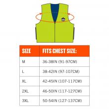 Size chart. Size M fits chest size 36-38in(91-97cm). Size L fits chest size 38-42in(97-107cm). Size XL fits chest size 42-45in(107-117cm). Size 2XL fits chest size 46-50in (117-127cm). Size 3XL fits chest size 50-54in(127-137cm).