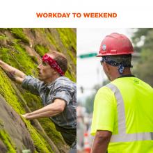 Workday to weekend. Person on left is rock climbing and construction worker on right