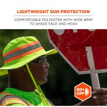 Lightweight sun protection: comfortable polyester with wide brim to shade face and neck.