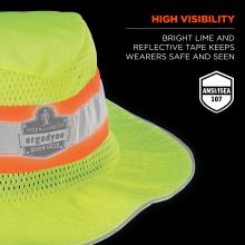High visibility: bright lime and reflective tape keeps wearers safe and seen. Badge says ANSI/ISEA 107