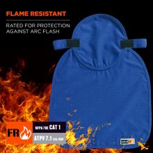 Flame resistant. Rated for protection against arc flash. FR badge. NFPA 70E Cat 1. ATPV 7.1 cal/cm2 rating.