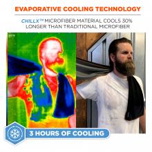 Evaporative cooling technology. Chillx microfiber material cools 30 ercent longer than traditional microfiber, 3 hours of cooling.