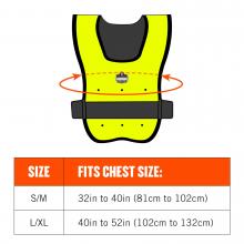 Size chart: measure around chest. Size S/M fits chest size 32in-40in (81cm-102cm). Size L/XL fits chest size 40in-52in (102cm-132cm). 
