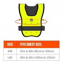 Size chart: measure around chest. Size S/M fits chest size 32in-40in (81cm-102cm). Size L/XL fits chest size 40in-52in (102cm-132cm). 